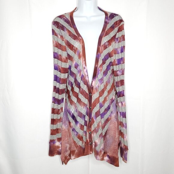 Scrapbook Sweaters - Anthropologie Striped Tie Dye Open Knit Cardigan Sweater L Purple Rust Fairycore